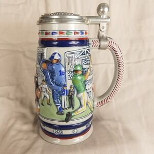 Vintage Baseball History Ceramic Beer Stein Metal Lid 1900-1980 Relief Mug